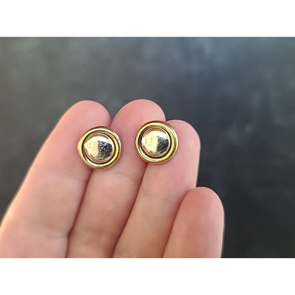 Two Toned Metal Circular Stud Earrings Vintage Costume Jewelry - Picture 4 of 10